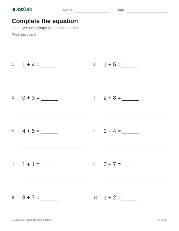 Printable Kindergarten complete the equation worksheet with addition within 10