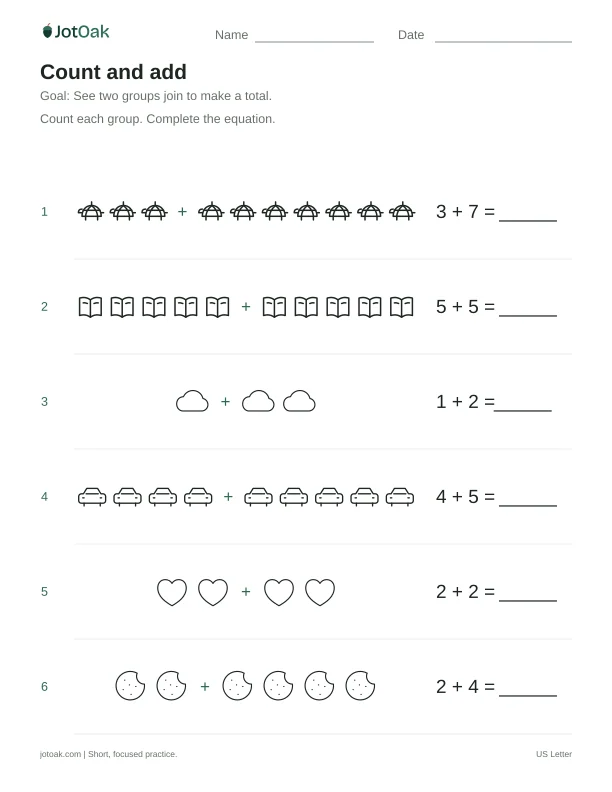 Printable Kindergarten count and add worksheet with addition within 10