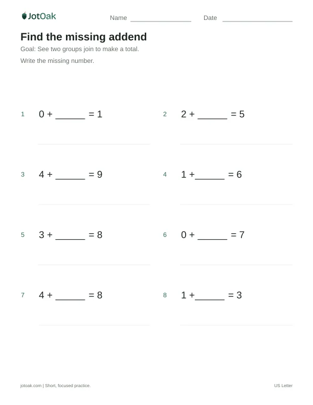 Printable Kindergarten find the missing addend worksheet with addition within 10