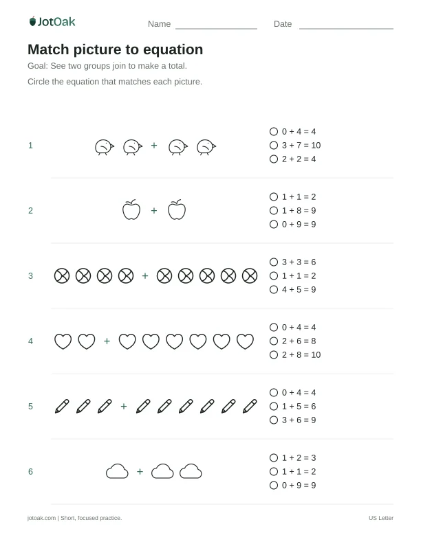 Printable Kindergarten match picture to equation worksheet with addition within 10