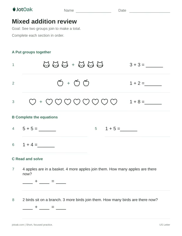 Printable Kindergarten mixed addition review worksheet with addition within 10