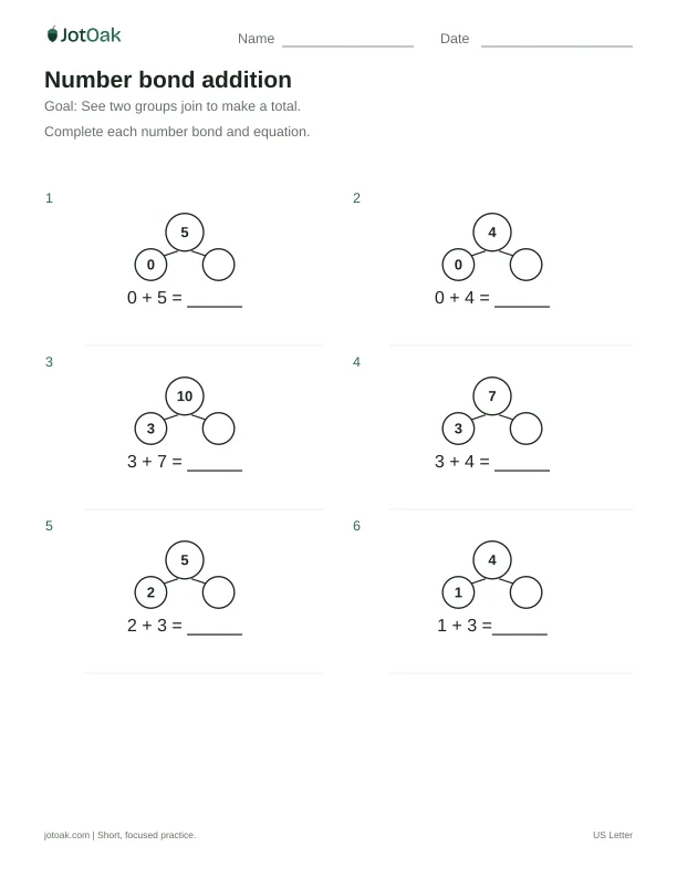 Printable Kindergarten number bond addition worksheet with addition within 10