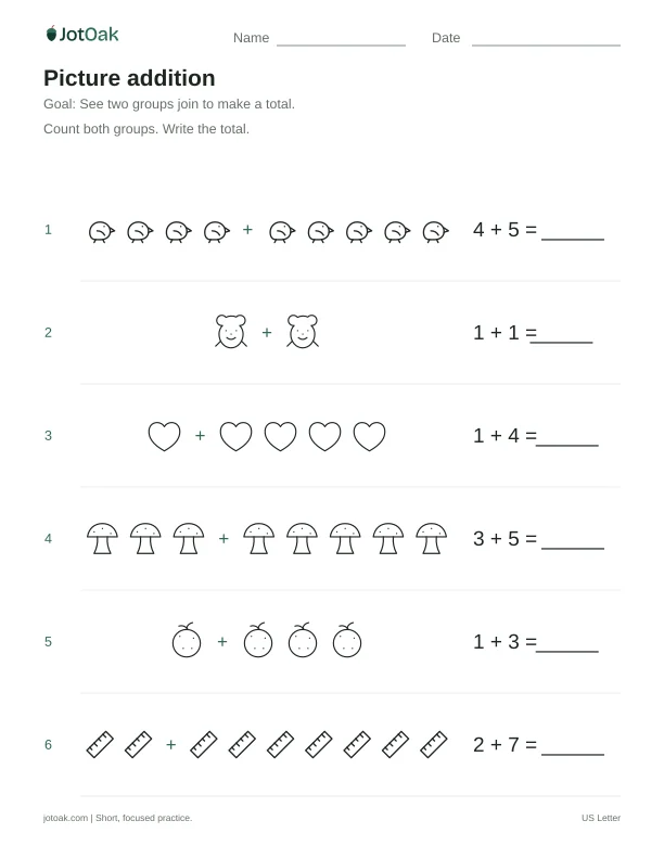 Free Kindergarten picture addition worksheet within 10