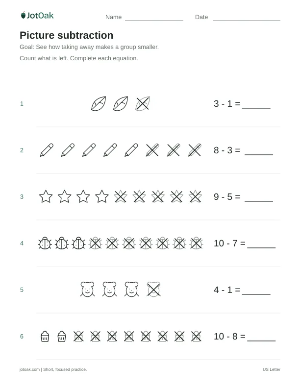 Printable Kindergarten picture subtraction worksheet with subtraction within 10