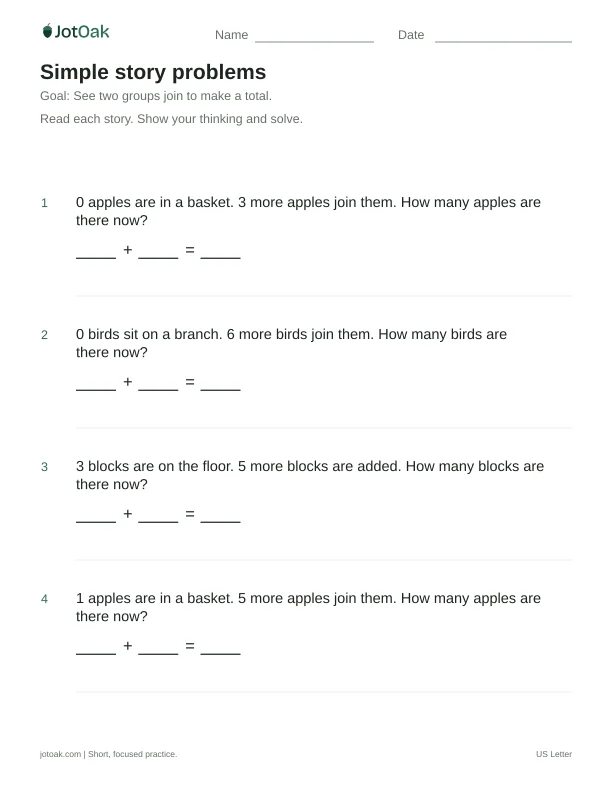 Printable Kindergarten simple story problems worksheet with addition within 10
