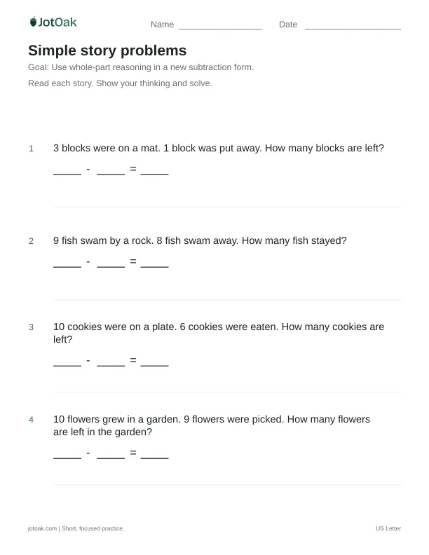 Printable Kindergarten simple story problems worksheet with subtraction within 10